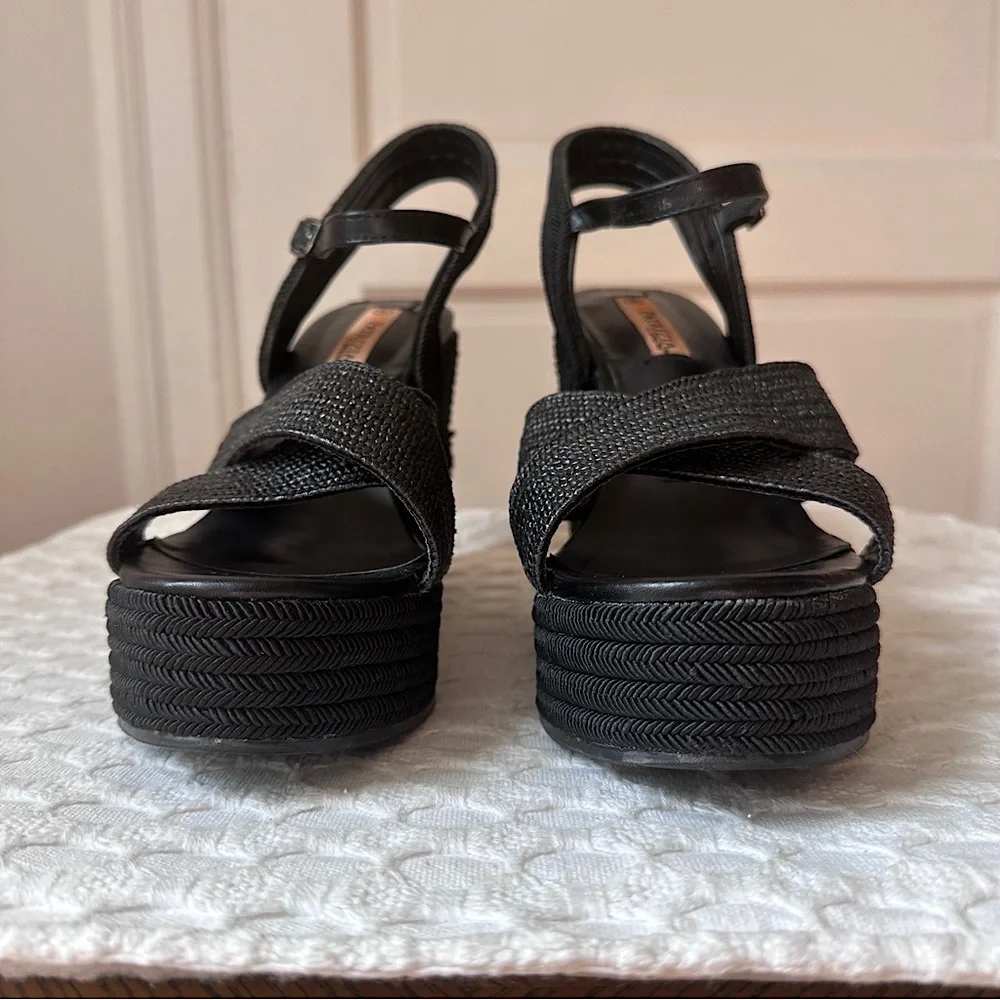 Woven Platform Wedge Sandals - Black
